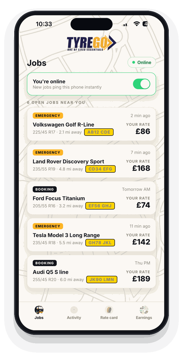 TyreGo Fitter jobs queue — six open jobs nearby